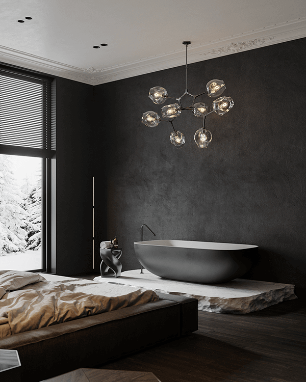 Thiết kế phòng ngủ màu đen độc đáo có bồn tắm