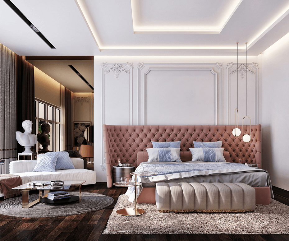 Mẫu phòng ngủ màu trắng hồng phong cách Tân cổ điển Hiện đại