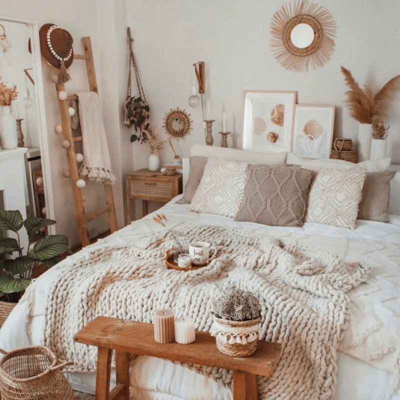 Trang trí phòng ngủ màu trắng phong cách Boho