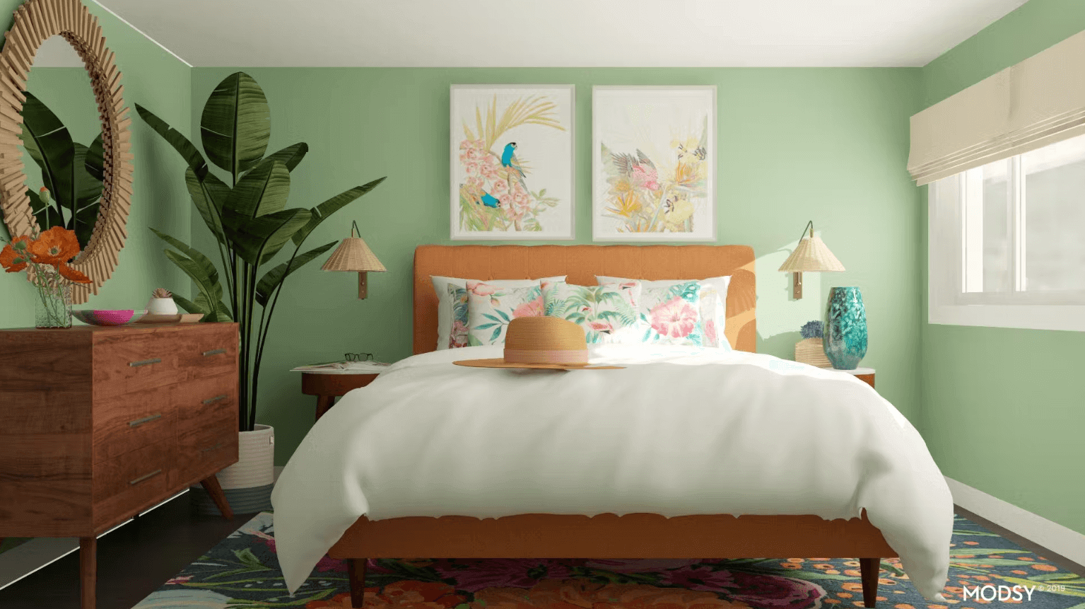 mẫu phòng ngủ màu xanh lá cây nhạt và cam