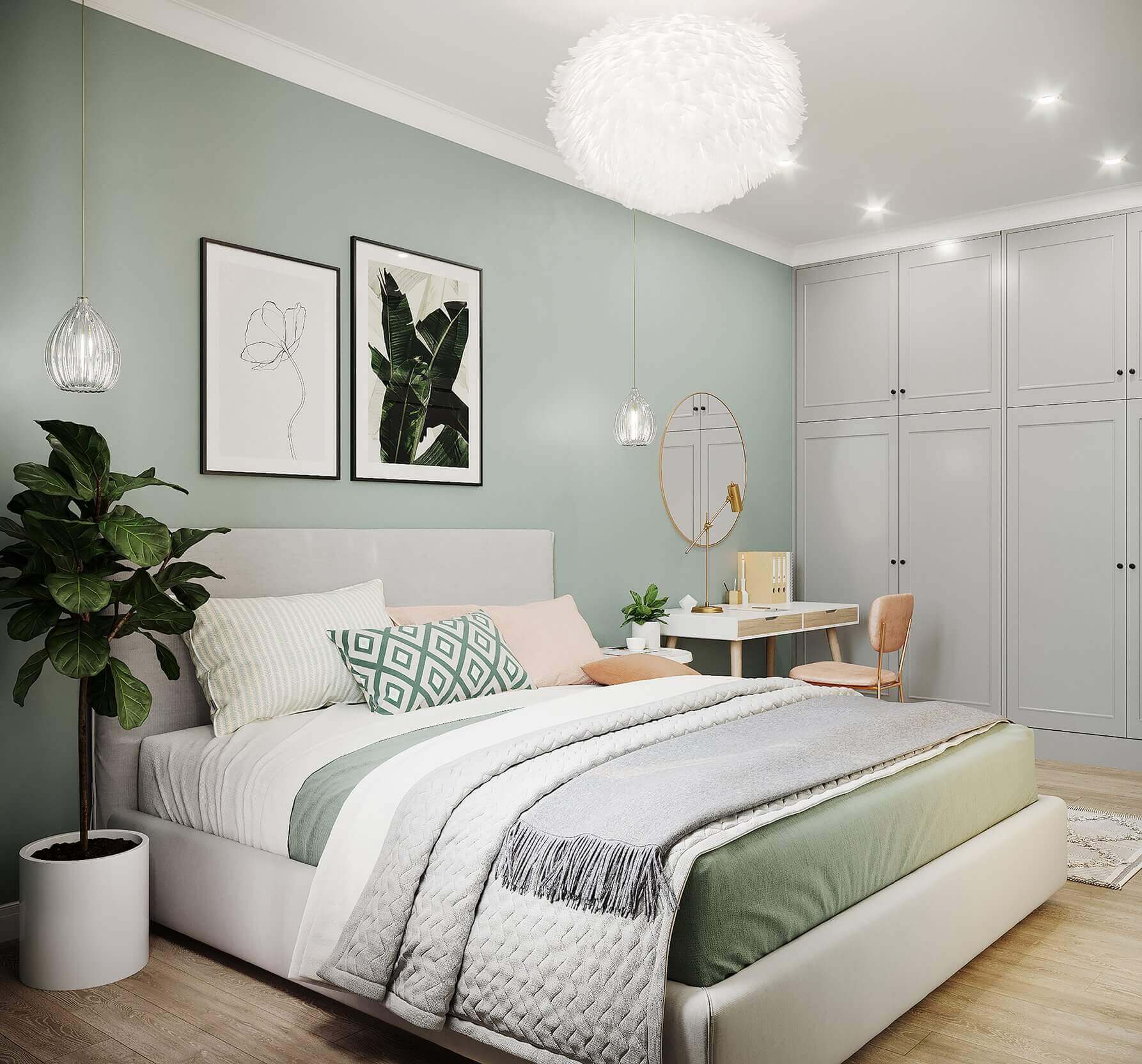 Một mẫu phòng ngủ màu xanh lá cây nhạt phong cách hiện đại