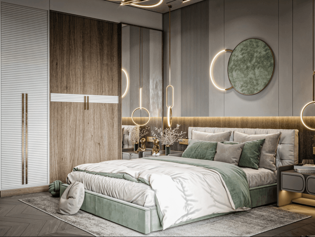 mẫu phòng ngủ màu xanh lá mạ phong cách Tân cổ điển Hiện đại (Modern Classic)
