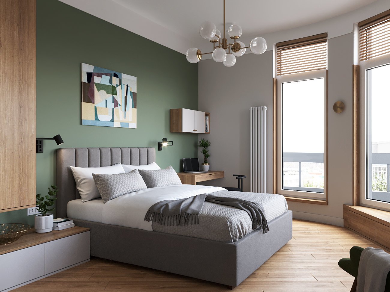 mẫu phòng ngủ màu xanh rêu hiện đại