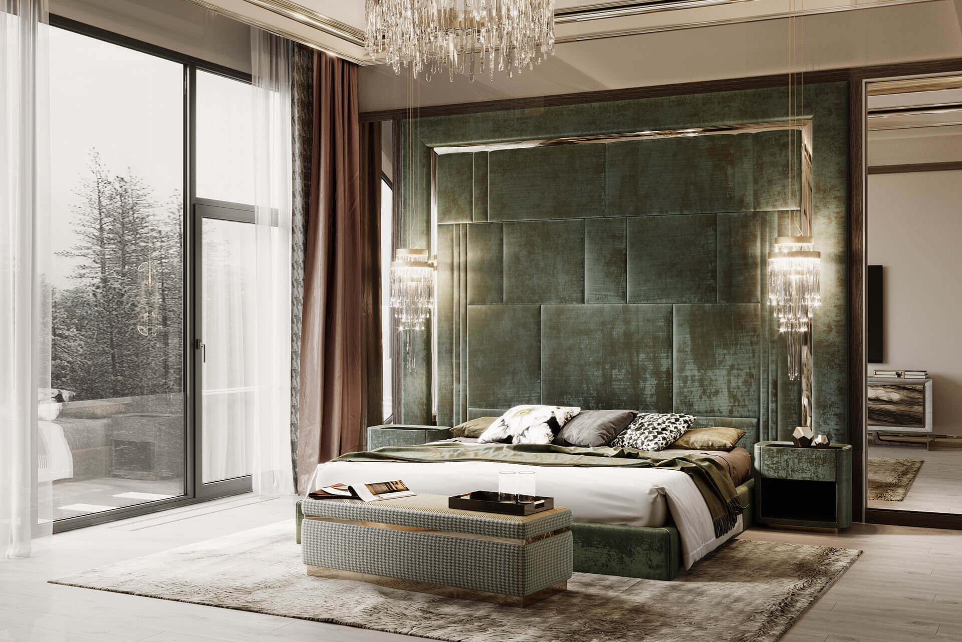 Phòng ngủ màu xanh rêu sang trọng phong cách Modern Classic
