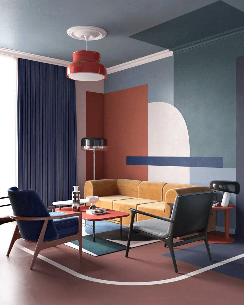 Một thiết kế phối màu sơn trần nhà mang cảm hứng hình học retro