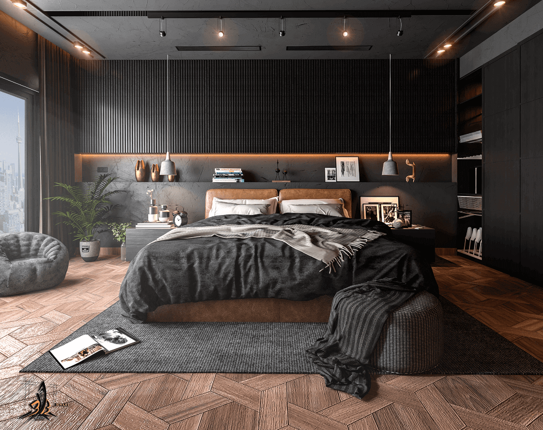 Mẫu thiết kế phòng ngủ màu đen cho nam dễ dùng