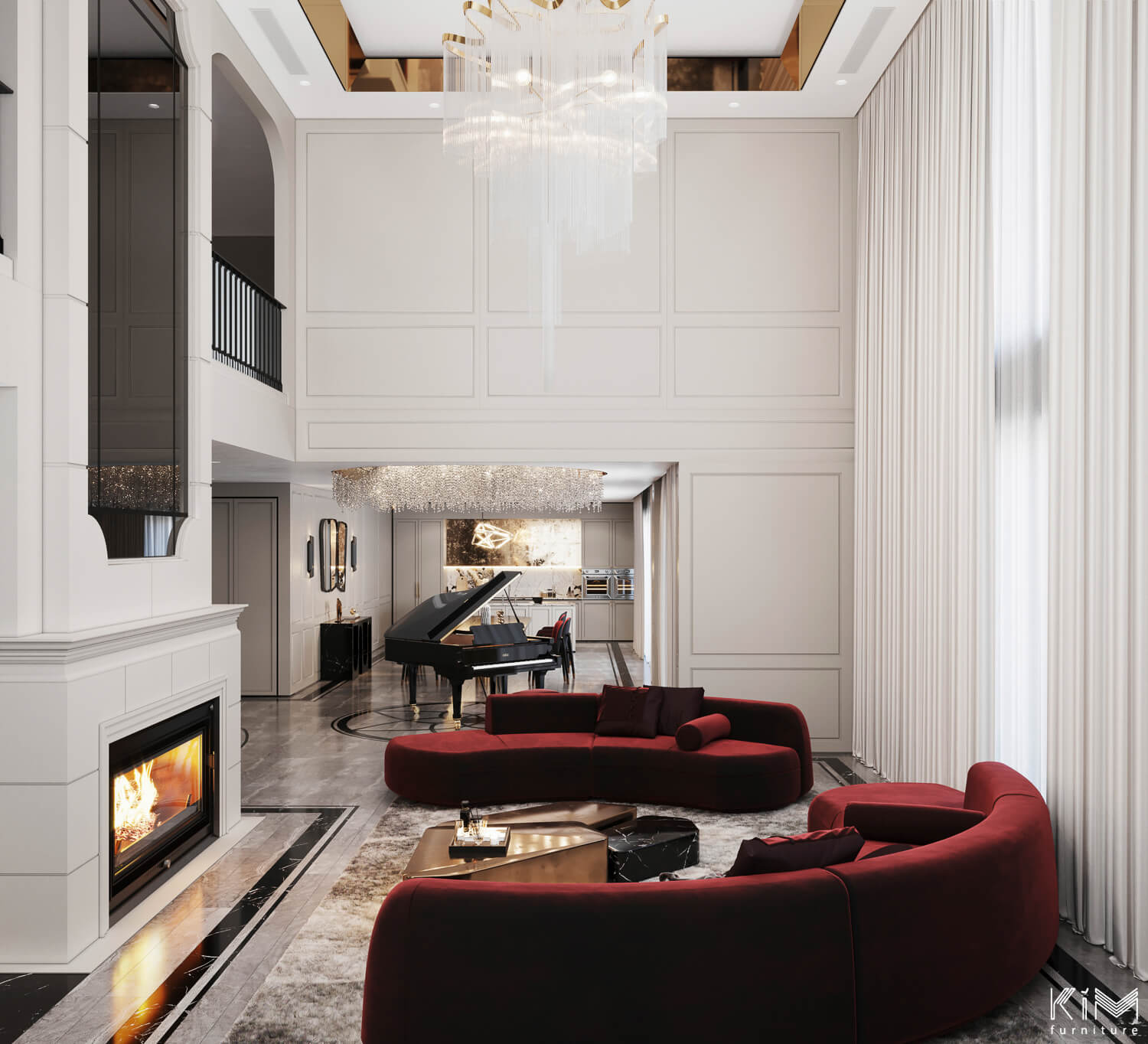 Thiết kế trần nhà phòng khách thông tầng với viền kim loại mạ PVD vàng của KIM furniture