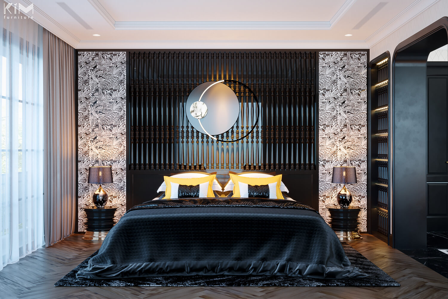 Thiết kế phòng ngủ master màu đen phong cách Indochine Hiện đại
