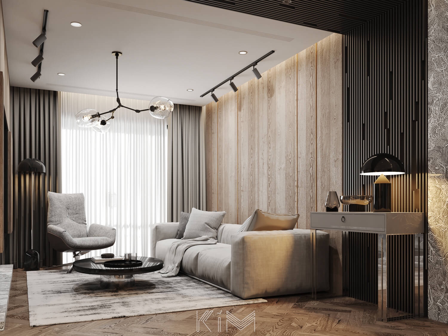 Thiết kế lam gỗ phòng khách trong căn hộ chung cư Sun Grand City Ancora của KIM furniture