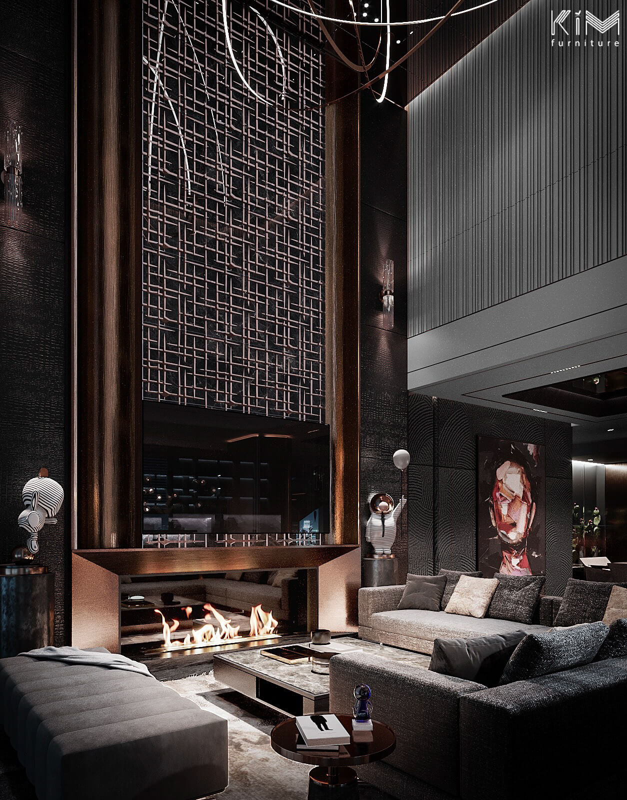 Thiết kế Penthouse Ancora của KIM sử dụng mẫu lam gỗ phòng khách xám