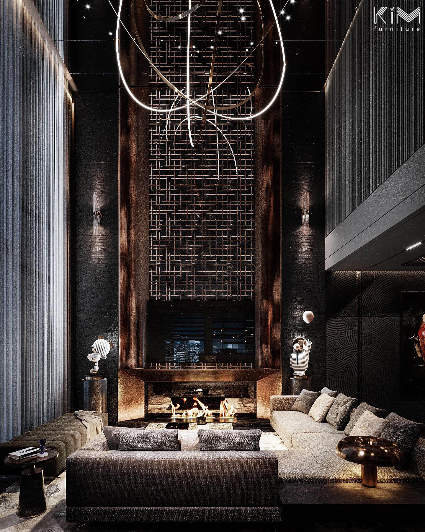 Trần gương phòng khách kết hợp đèn âm trần tạo hiệu ứng như bầu trời sao tuyệt đẹp - Thiết kế Penthouse Ancora của KIM furniture