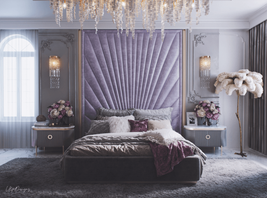 thiết kế phòng ngủ master tân cổ điển màu tím 
