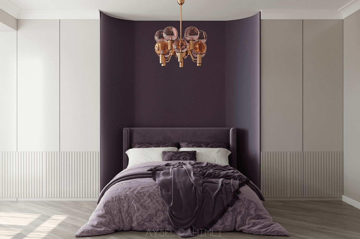 thiết kế phòng ngủ master hiện đại màu tím đậm