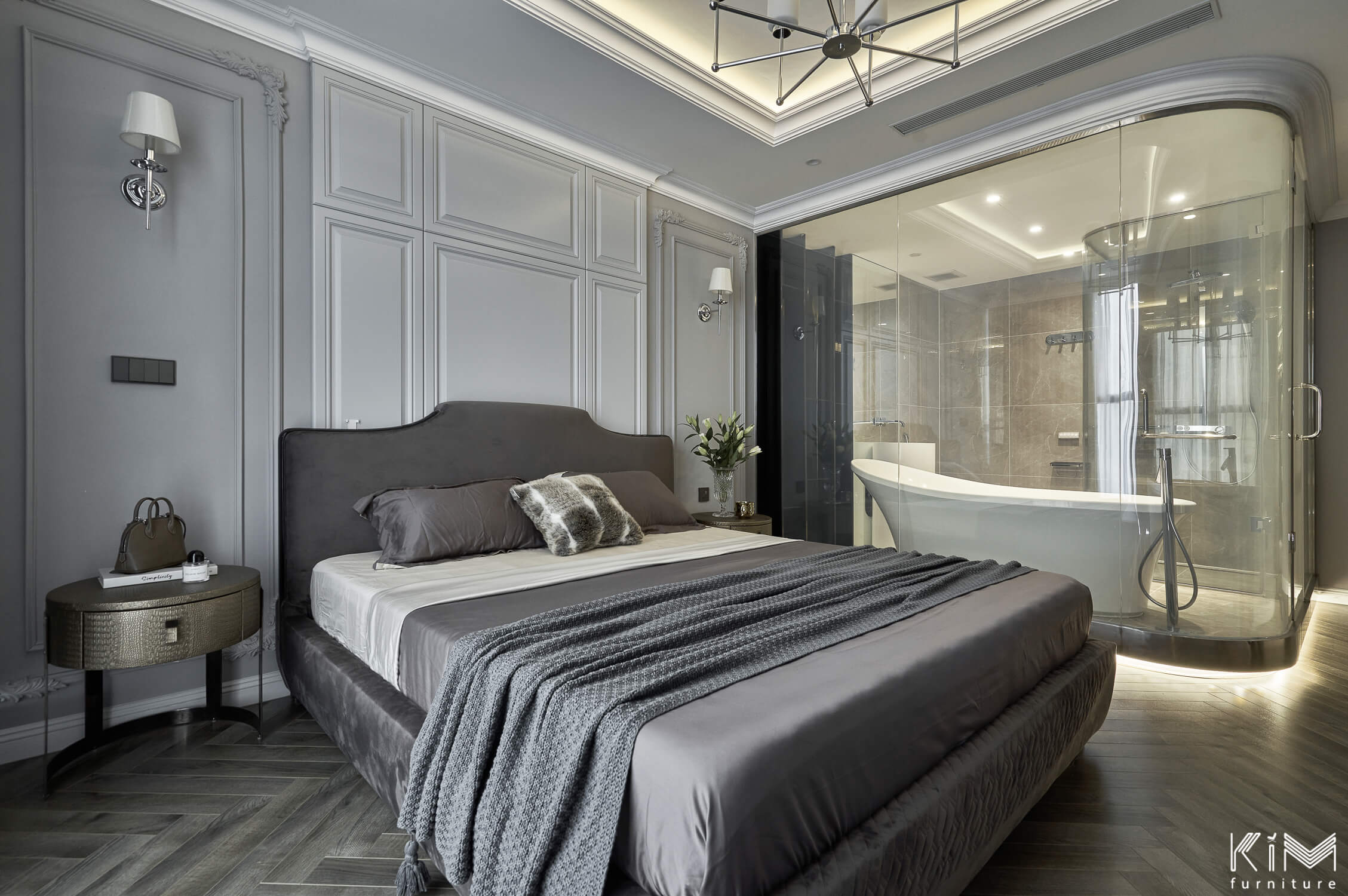 Thiết kế phòng ngủ xám nhạt phong cách Tân cổ điển của KIM furniture