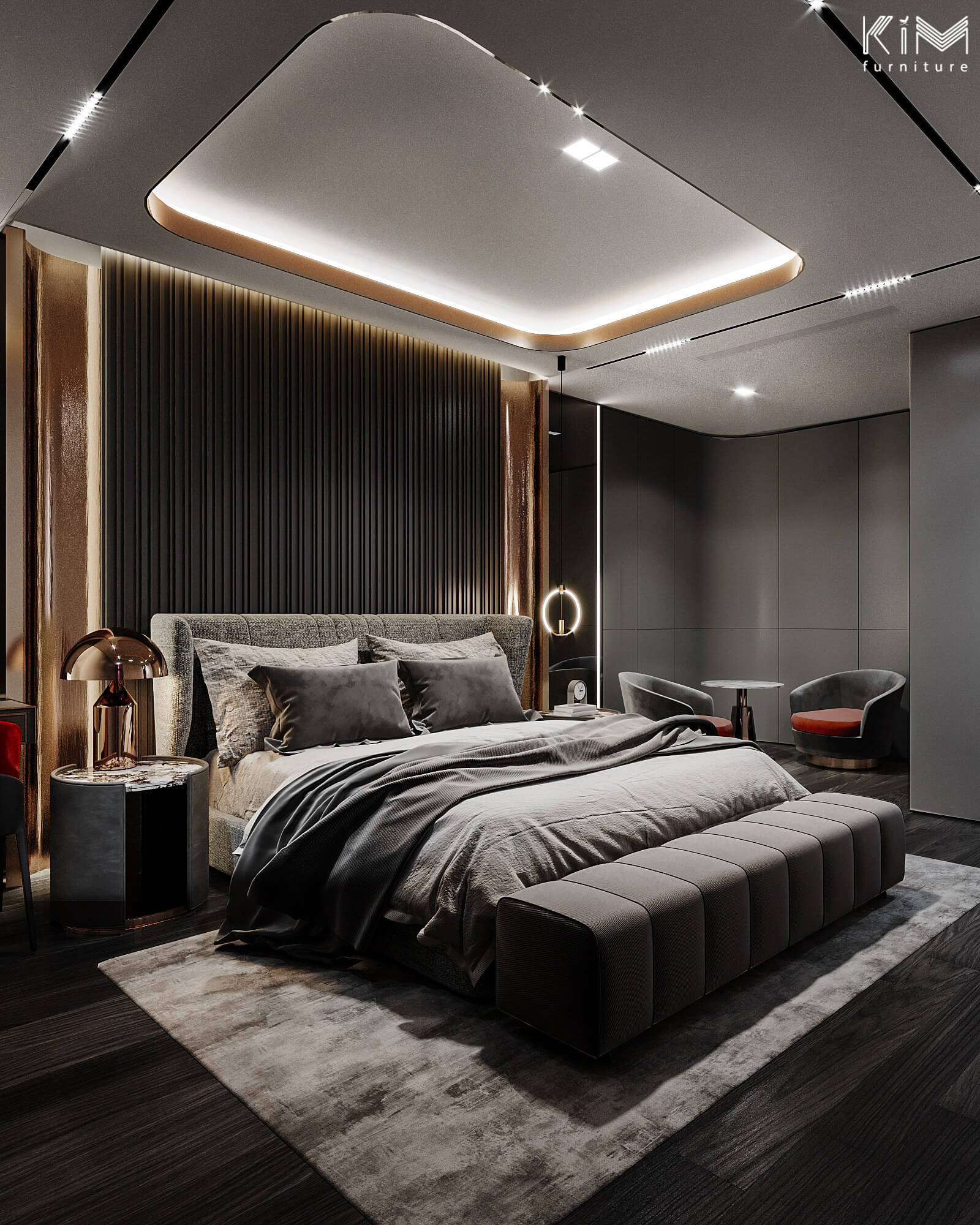 Phòng ngủ màu xám đẹp nhất khi đi kèm ánh sáng nhân tạo
