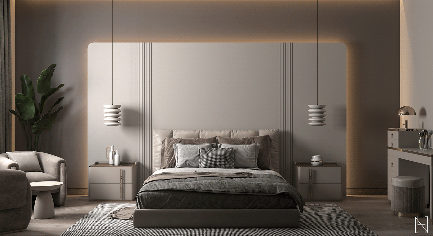 Một mẫu phòng ngủ màu xám khá đầy đủ phong cách hiện đại