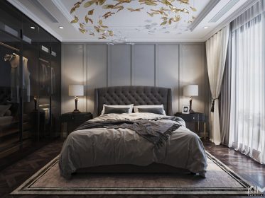 Decor phòng ngủ màu xám khói trong thiết kế phòng ngủ master căn hộ chung cư Sun Grand City Thụy Khê của KIM furniture
