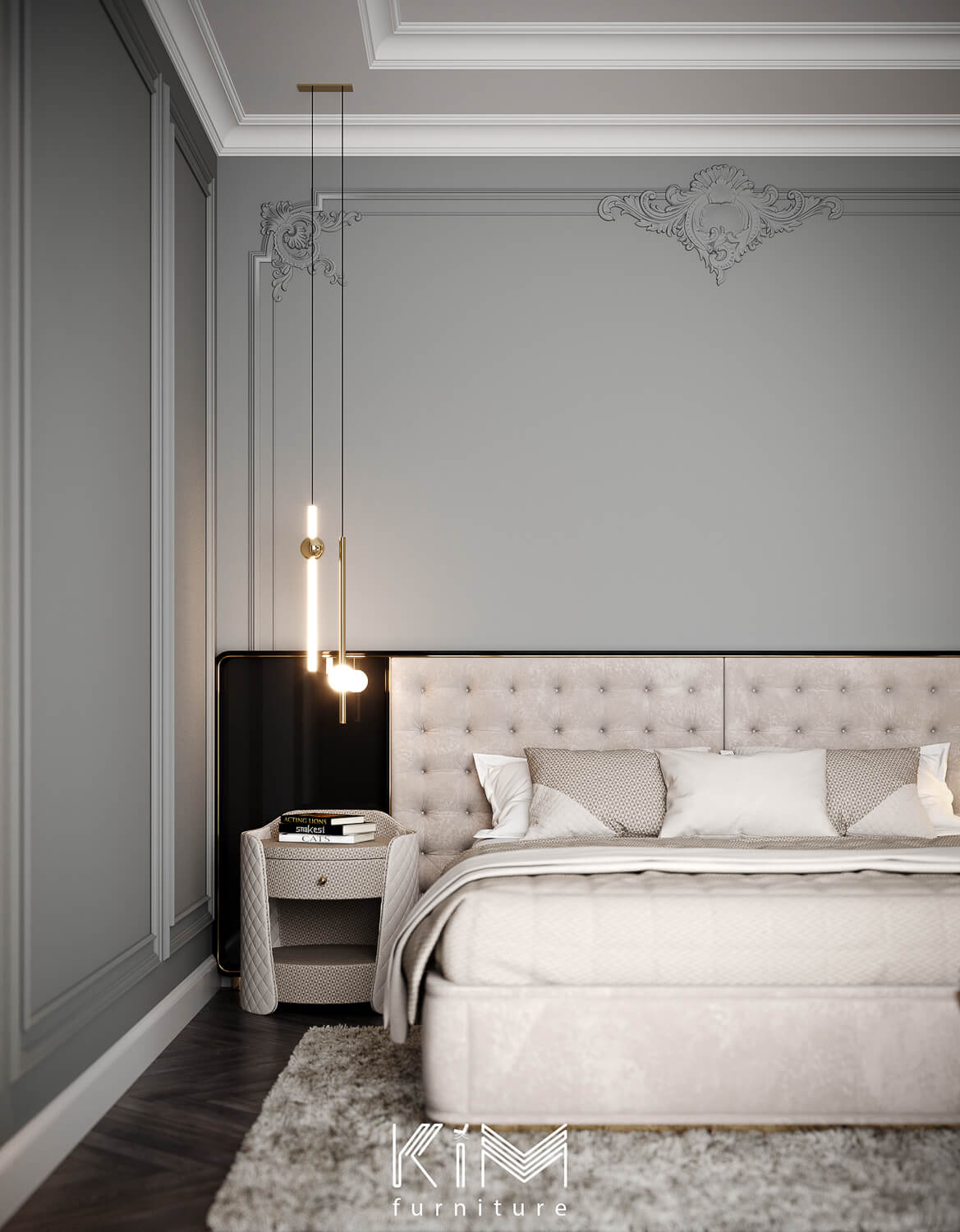 Phòng ngủ master màu xám phong cách Tân cổ điển Hiện đại