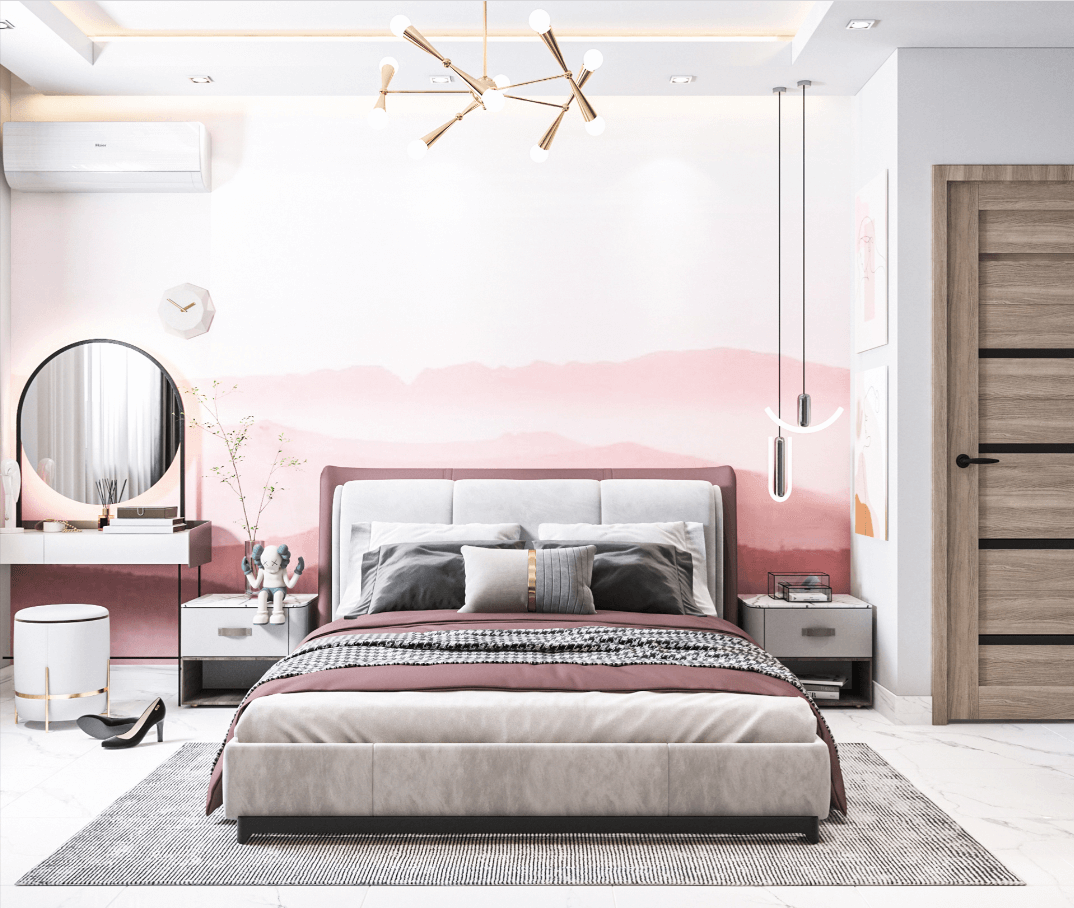 Phòng ngủ màu hồng - xám đẹp cho bạn gái