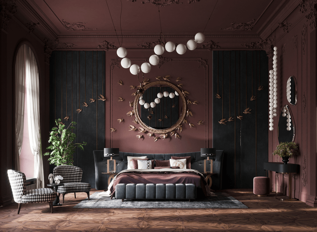Thiết kế phòng ngủ master màu tím mận phong cách Modern Classic