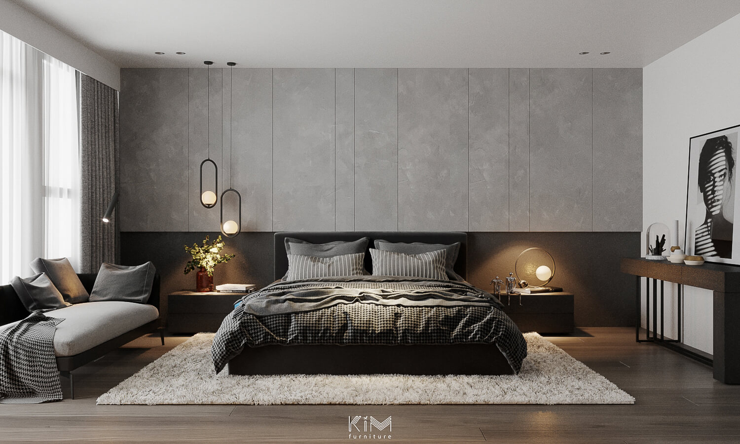 Thiết kế phòng ngủ màu xám với tường sơn hiệu ứng giả bê tông