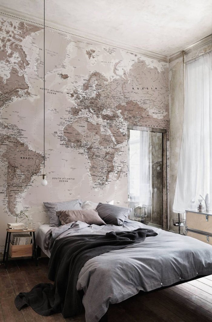 Giấy dán tường phòng ngủ phong cách Vintage hình bản đồ