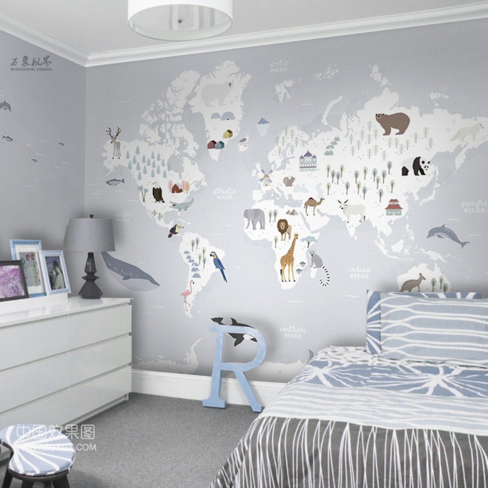 mẫu giấy dán tường phòng ngủ trẻ em bản đồ