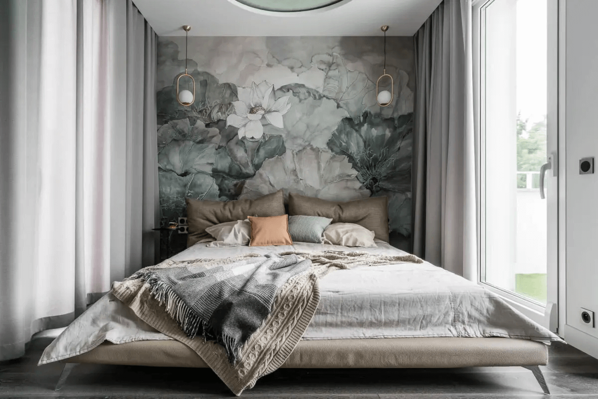 mẫu phòng ngủ đẹp cho vợ chồng với giấy dán tường