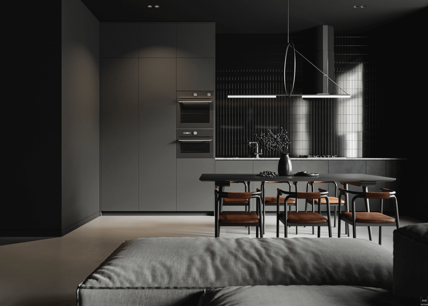 Thiết kế nội thất phòng bếp chung cư màu đen hiện đại