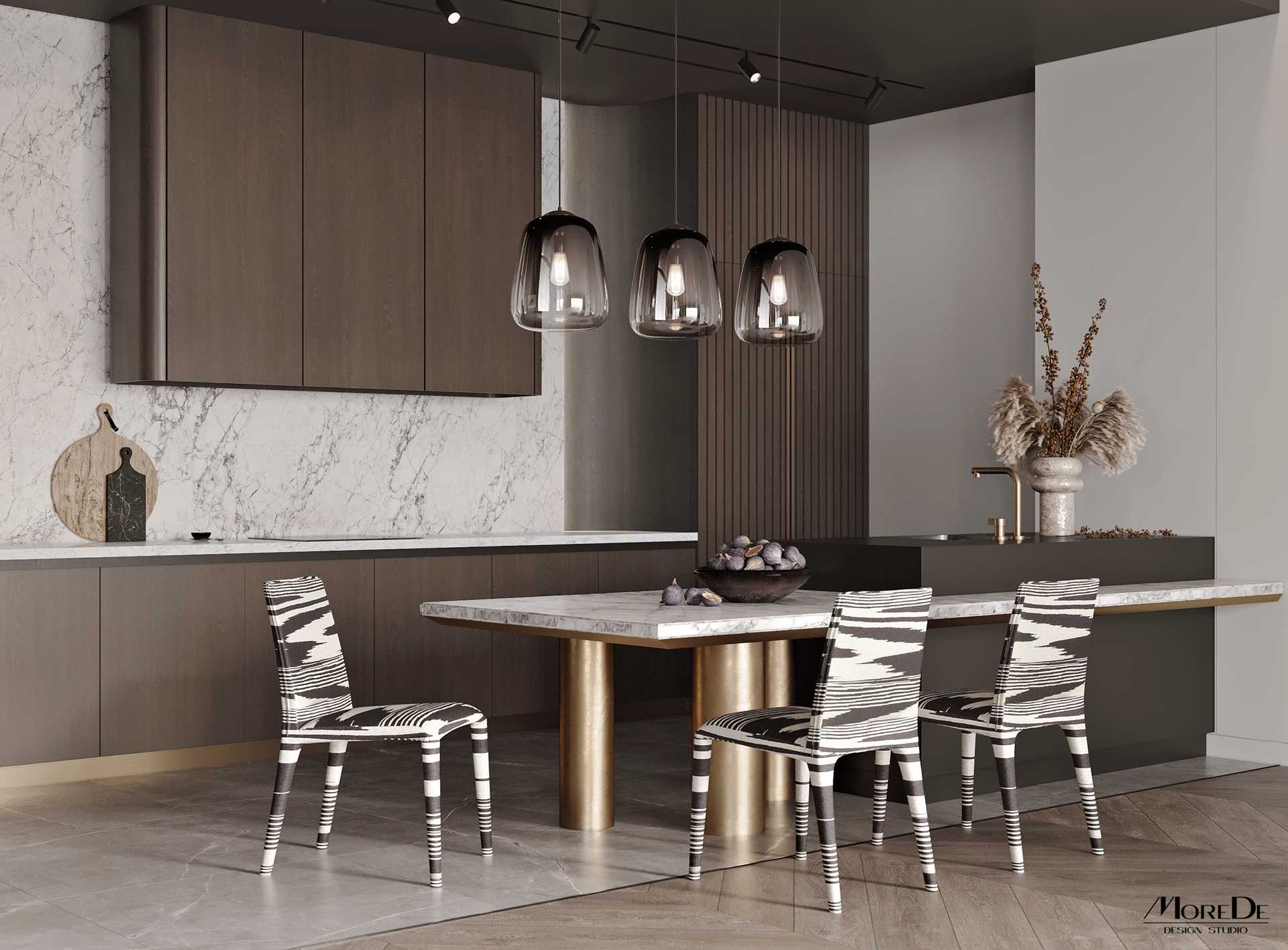 Thiết kế phòng bếp chung cư với bàn ăn nối dài từ đảo bếp