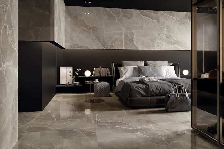 Phối mầu gạch ốp tường phòng ngủ marble và gạch đen