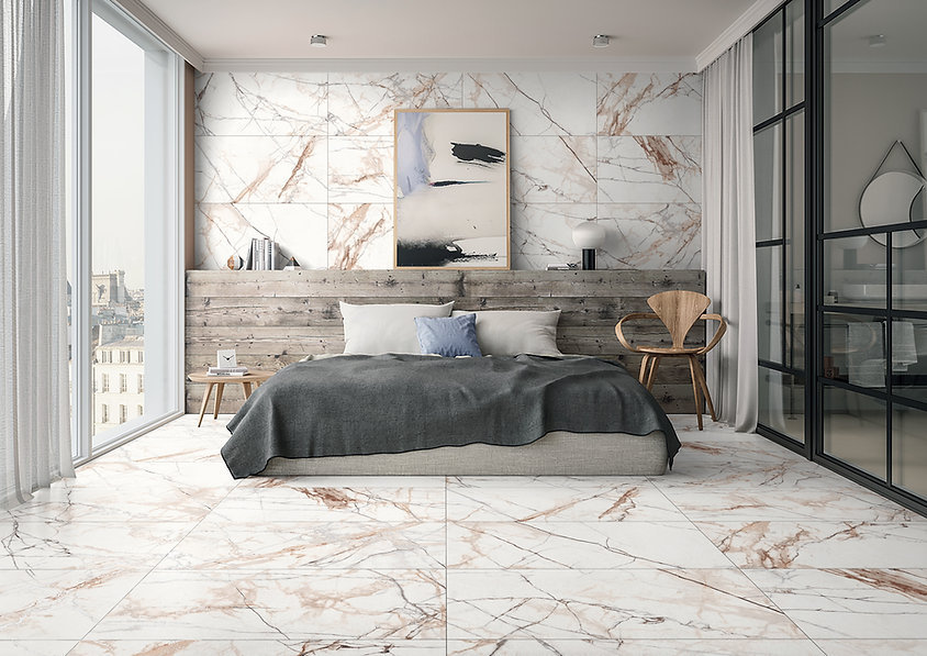 Mẫu gạch ốp tường phòng ngủ vân đá marble Calacatta gold