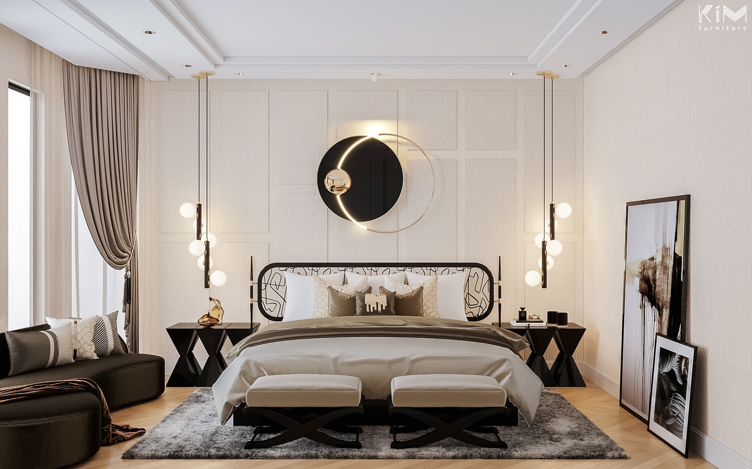 Phòng ngủ cho bố mẹ phong cách Modern Classic sang trọng tông màu kem