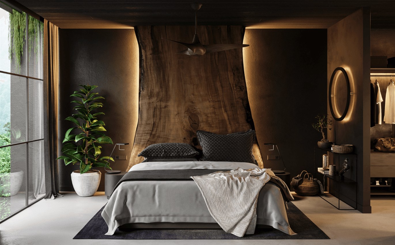 Mẫu phòng ngủ bố mẹ ấn tượng với mảng đầu giường mô phỏng thân cây cổ thụ