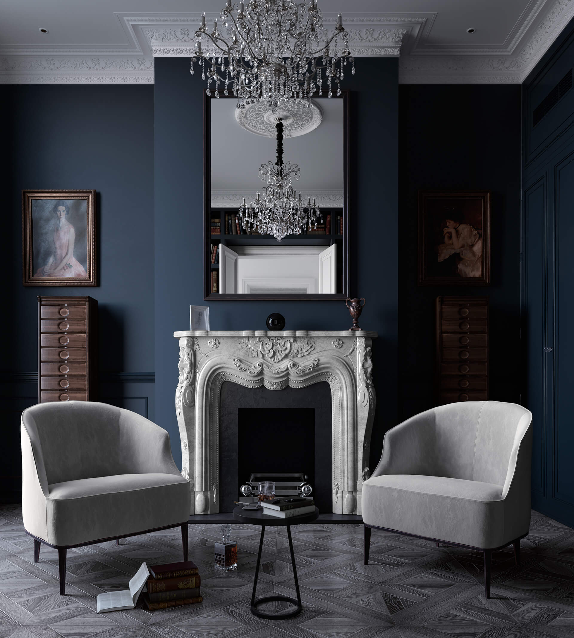 trang trí phòng khách màu xanh dương modern classic