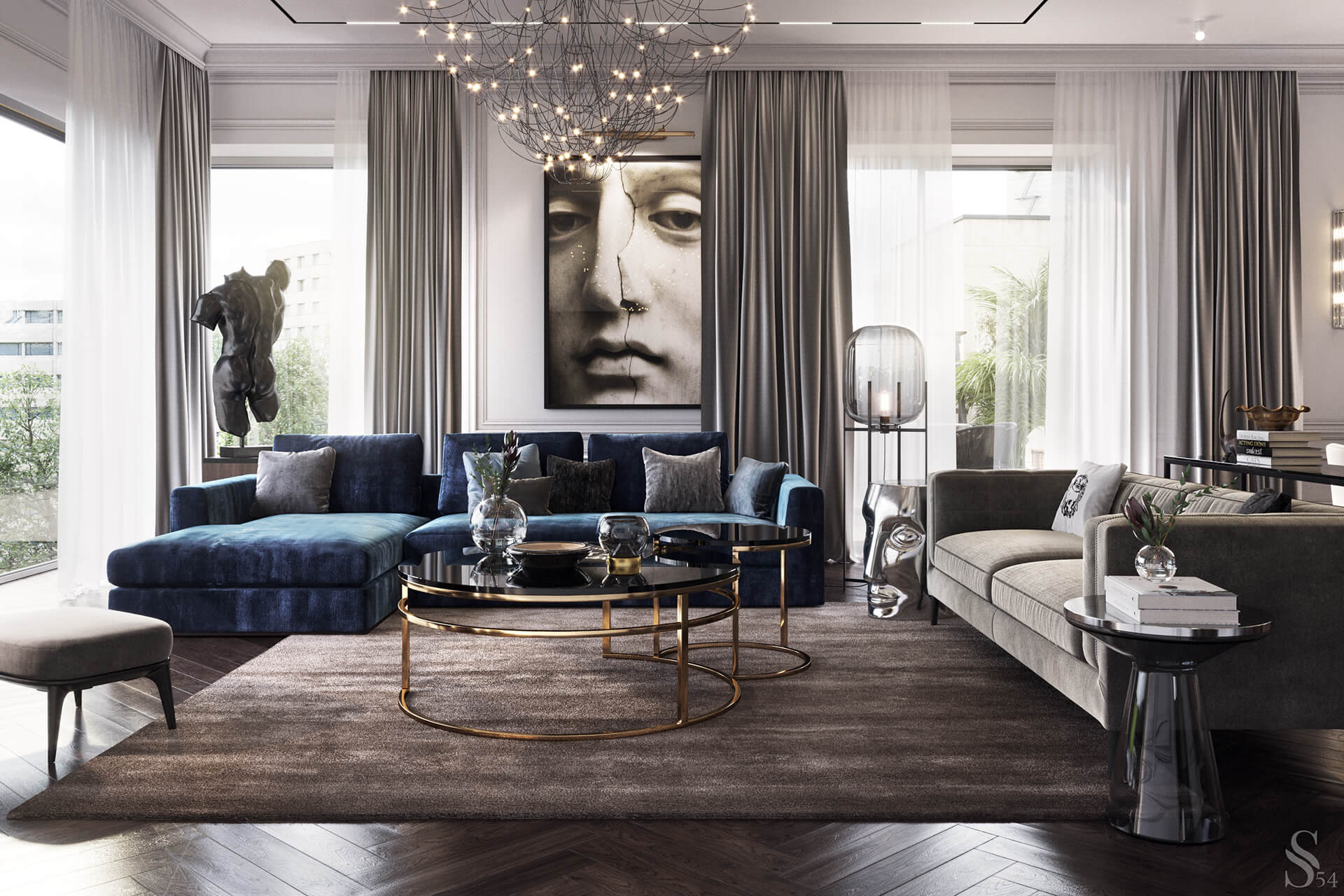 phòng khách màu xanh dương phong cách Tân cổ điển Hiện đại