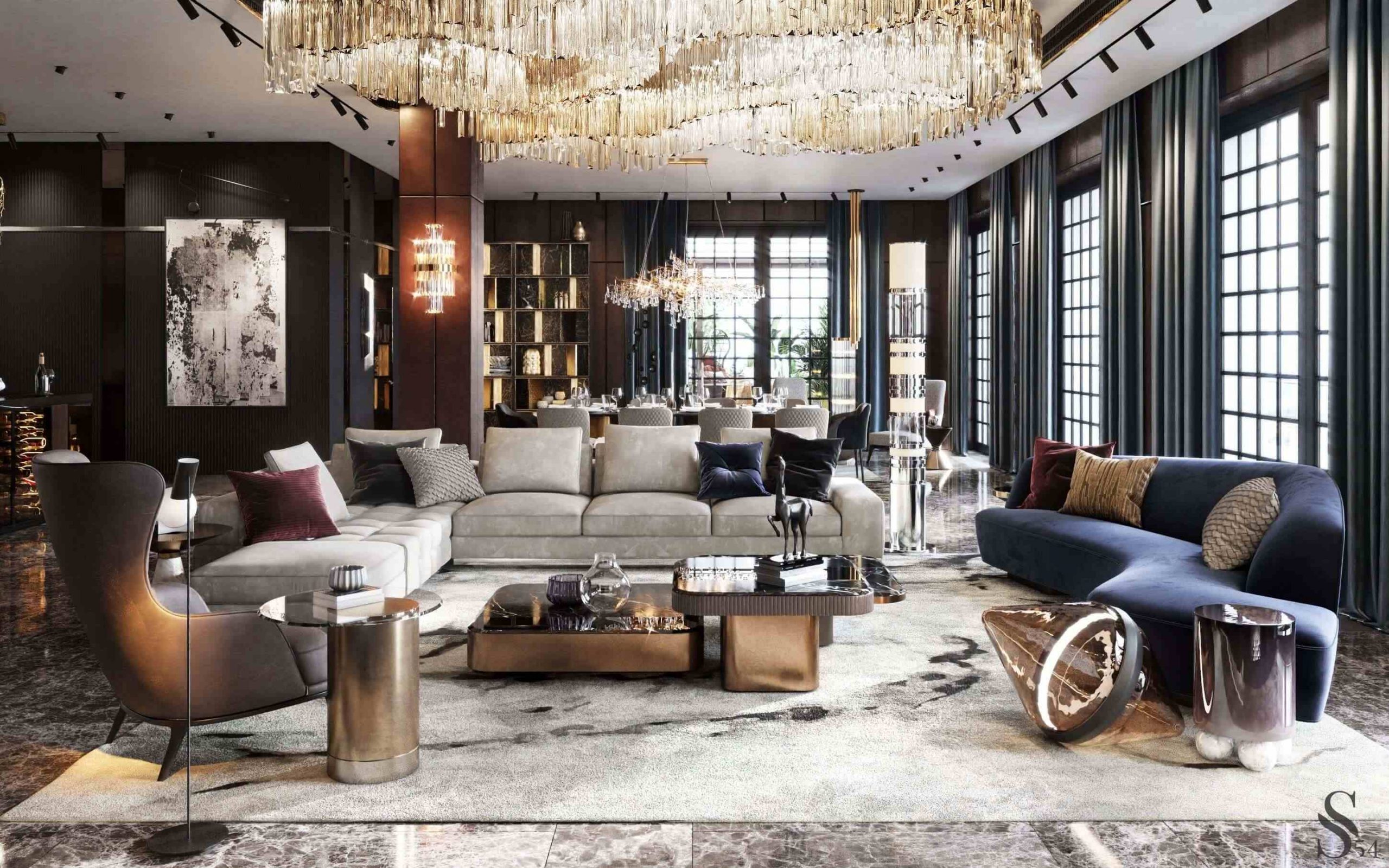 Phòng khách màu xanh dương modern luxury