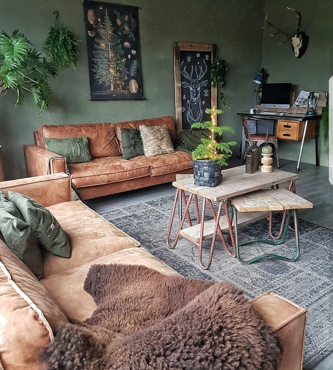 Mẫu phòng khách màu xanh rêu đẹp