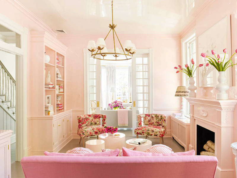 thiết kế phòng khách màu hồng nữ tính