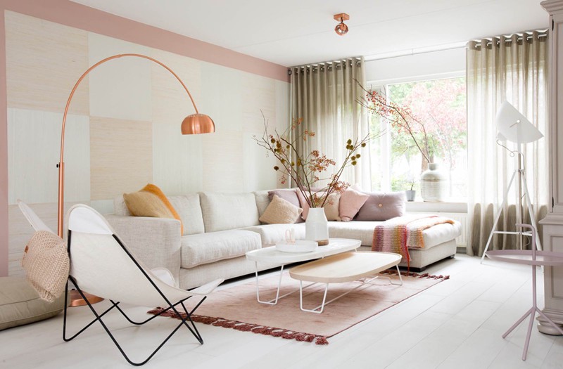 phòng khách màu hồng trắng phong cách hiện đại