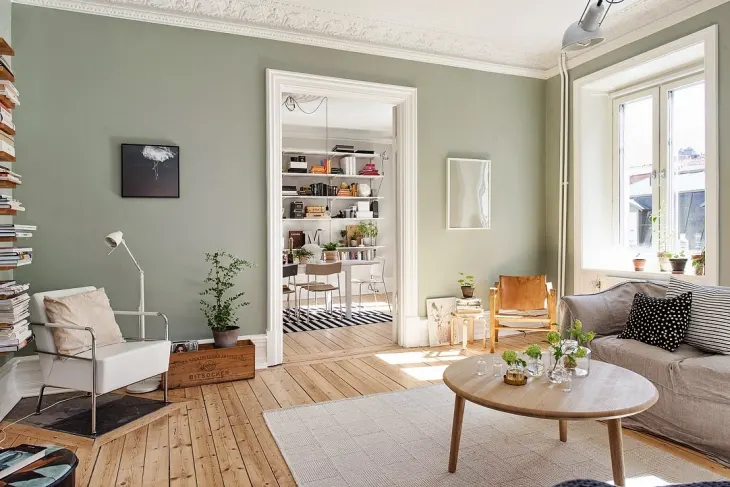 thiết kế phòng khách màu xanh lá cây xám đơn giản mà đẹp