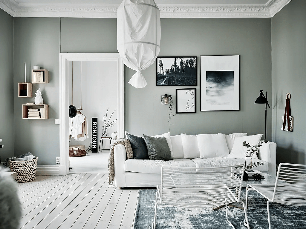 Màu xanh lá xám trong thiết kế phòng khách hiện đại