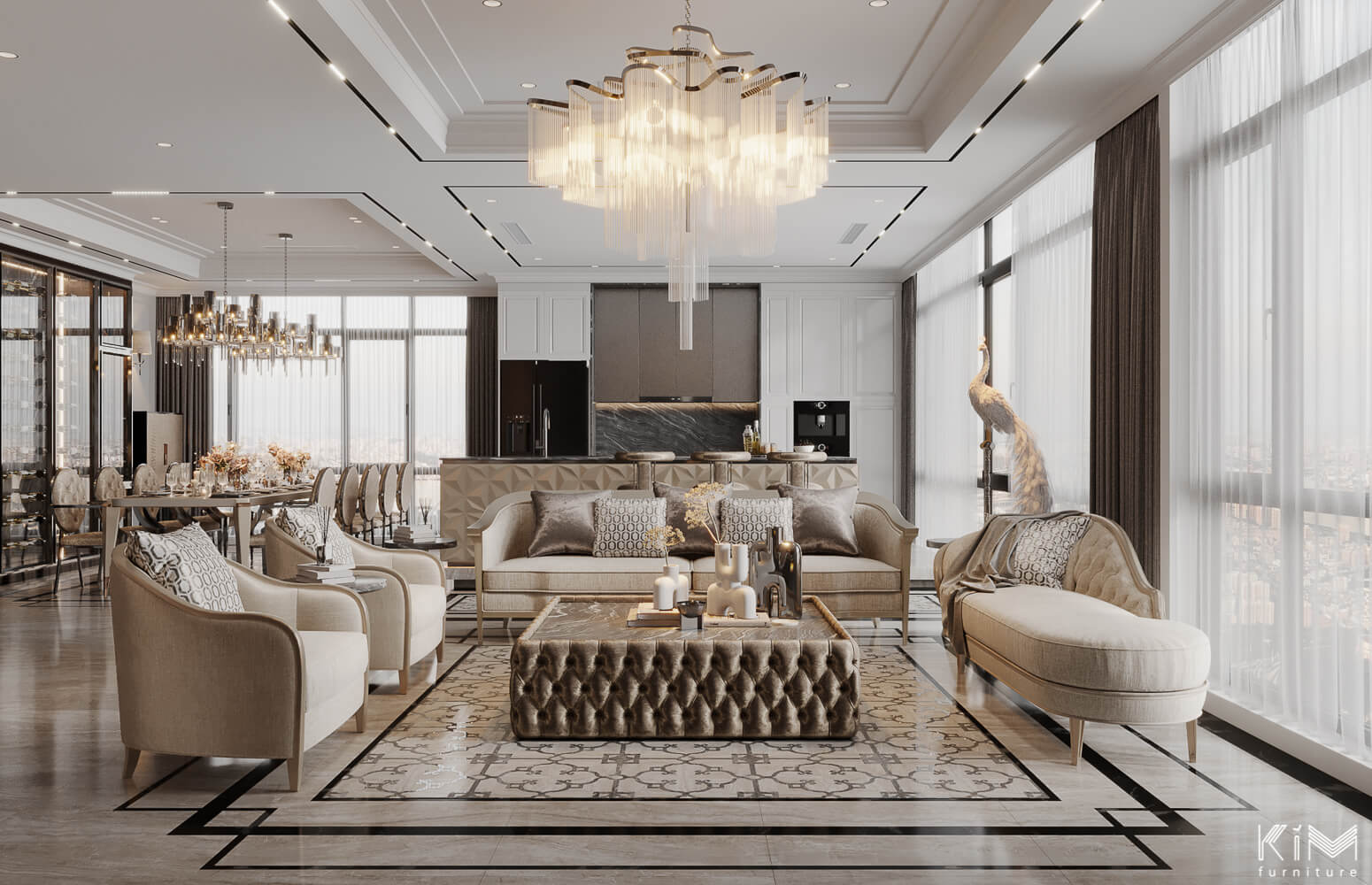 Phòng khách tông màu trắng be trong phong cách Luxury
