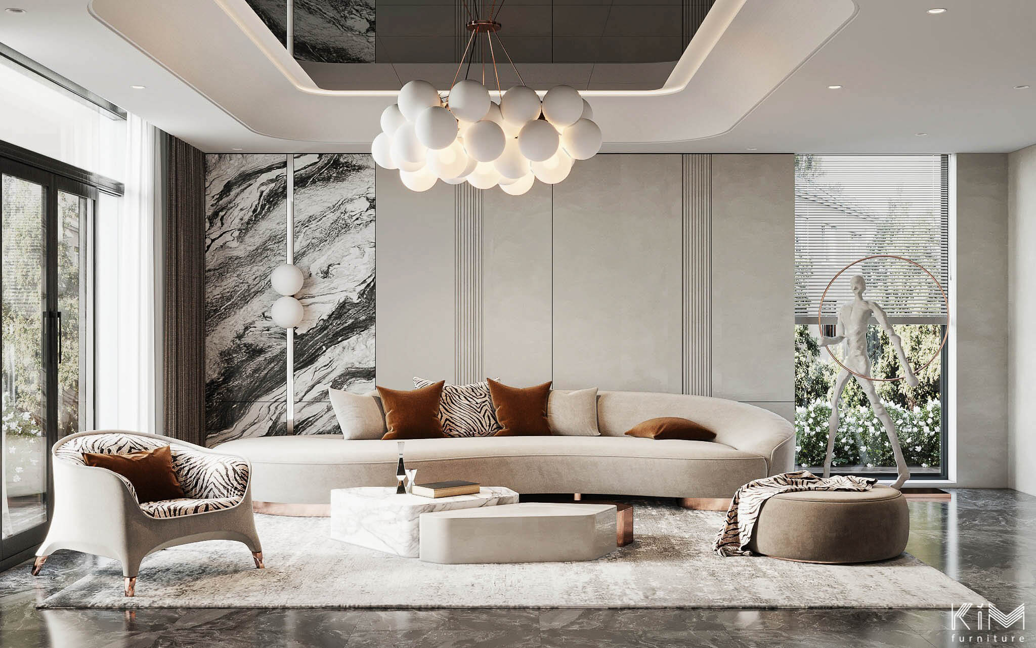 phòng khách màu trắng phong cách Futuristic kết hợp Luxury