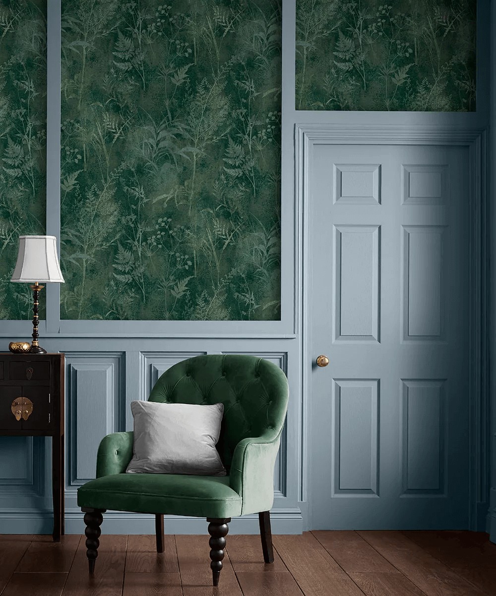 Giấy dán tường phòng khách tân cổ điển màu xanh rêu cao cấp
