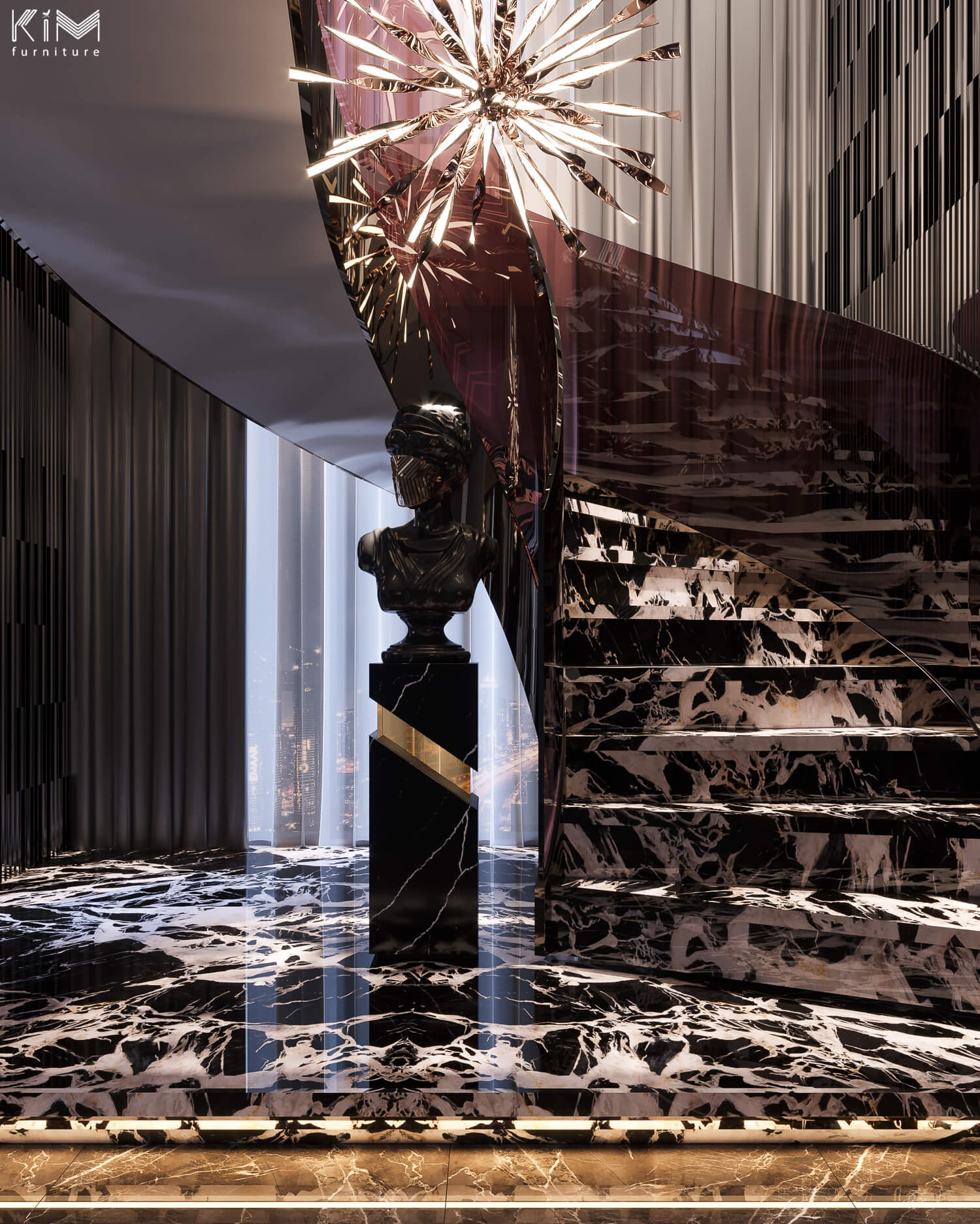 Một mẫu cầu thang đẹp bằng kính tối màu trong thiết kế Penthouse Ancora của KIM