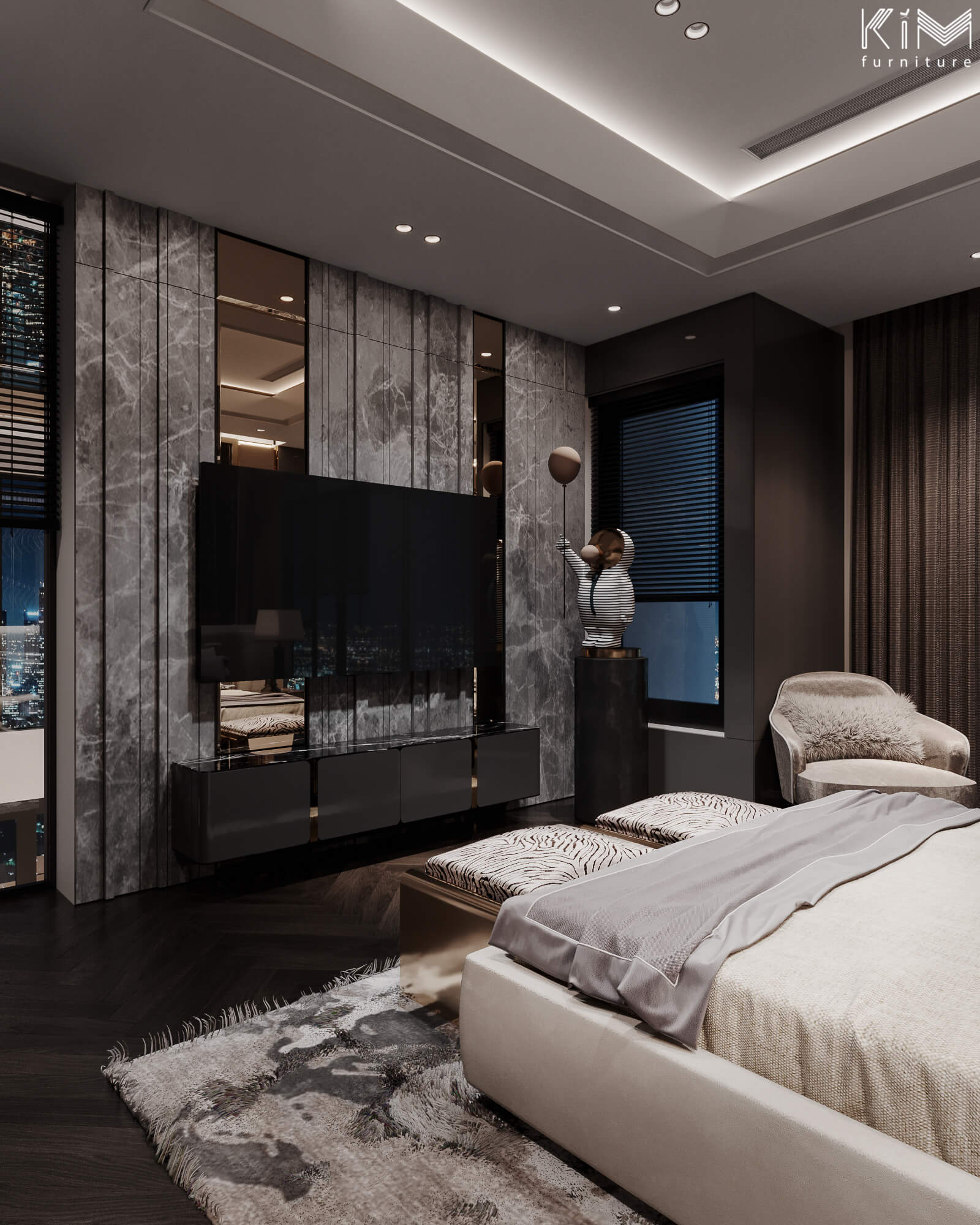 Thiết kế kệ gỗ đen sang trọng nẹp inox cho phòng ngủ
