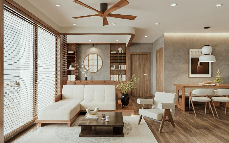 Phòng khách ấm áp với tông gỗ sáng, nội thất tối giản và ánh sáng tự nhiên chan hòa